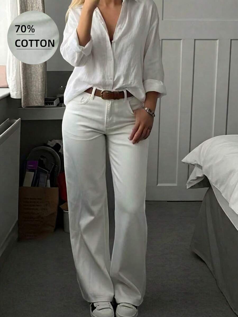 Vintage Old Money Style High-Waisted Straight Leg Loose Wide Leg Denim Jeans, Versatile Long Cotton Pants White Casual Fall