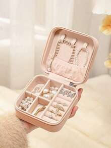 RQQM 1PC/2PCS Portable Mini Jewelry Storage Box Travel Organizer Jewelry Box PU Storage Earrings Necklace Rings Jewelry Organizer Display - Pink - View 9
