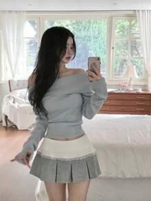 1pc Light Blue Thin Long Sleeve Inner Layer Sweater, Off-Shoulder Detail, Suitable For Daily Wear - Light Blue - View 3