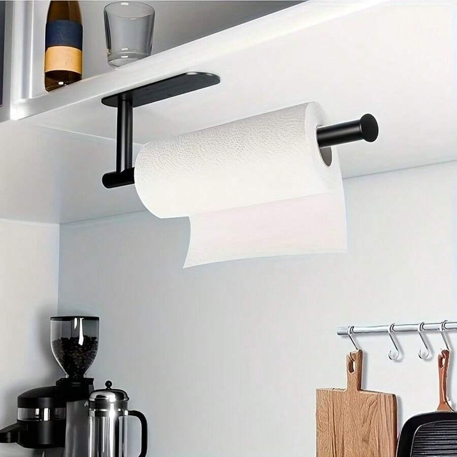 1 pieza Soporte autoadhesivo negro para toallas de papel debajo del gabinete - Estante de toallas montado en la pared sin taladro, adecuado para cocina, baño, RV - Puede sostener toallas de papel, envoltura de plástico y toallas, estante de toallas de baño, accesorios de baño, estilo de moda, material duradero