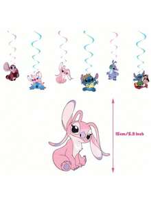Stitch Angel Lilo & Stitch 生日派對裝飾套組 橫幅背景布 懸掛螺旋裝飾 蛋糕插牌 桌布 兒童生日用品 - 彩色 - 查看 12