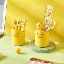 1pc Yellow Duck Pen Holder, Cute Creative Cartoon Desktop Plastic Pen Rack, Multi-Functional Stationery Storage Box For Office And Study Room - A - View 5