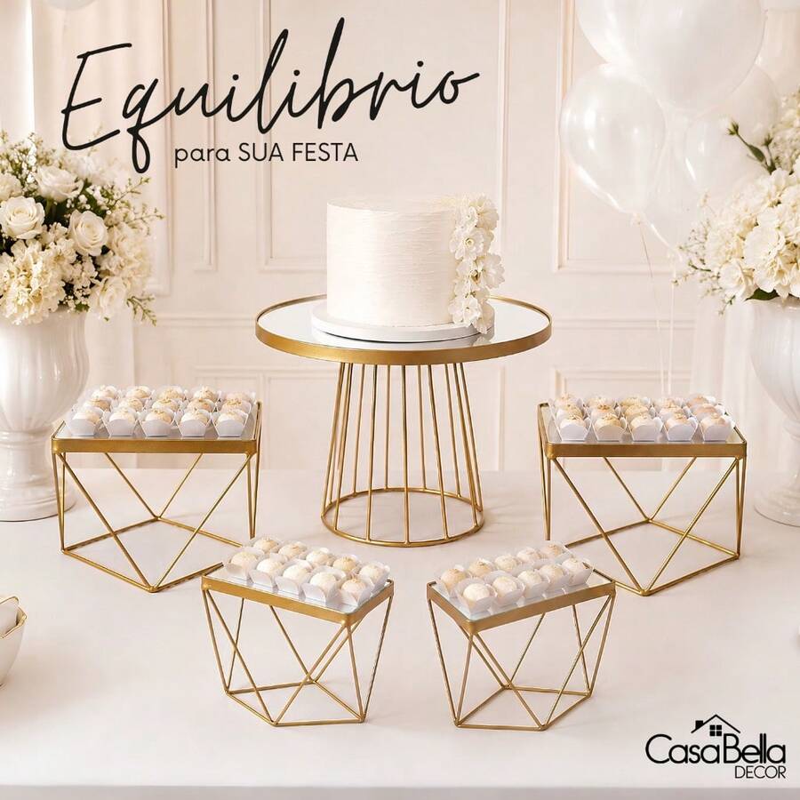 Kit Festa 5 Peças para Doces e Bolo Deluxe Premium Ferro Base Espelhada Casamento Aniversário Eventos