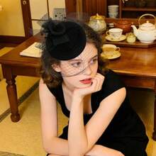 Fascinators Hats For Women Tea Party Hats For Women Vintage Headband Headpieces Flower Mesh Ribbons Feathers On A Headband And A Clip Lace Cocktail Headwear Veil Hair Clip - Black - View 2