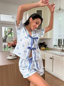 Vintage Blue Floral Pajama Set, Sweet Front Bow Decor French Romantic Ruffle Trim Sleepwear Set, Elegant Women's Loungewear - Blue - View 4