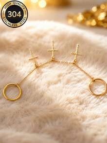 ZCNC 304 Stainless Steel 18K Gold Plated Cross Chain Ring Set, Women's Style, Minimalist Luxury Plain Band Ring Set, Hypoallergenic, Fashion Jewelry, Perfect Christmas Gift, Travel & Vacation Accessory - Gold - View 4