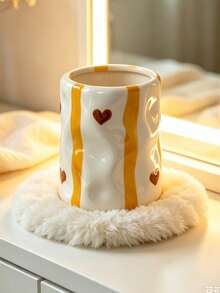 Hand Drawn Striped Heart Ceramic Makeup Brush Holder, Wavy Texture Cosmetic Organizer Cup, Aesthetic Vanity Desk Storage Pot, Cute Decorative Pen Holder For Bedroom Dresser - Multicolor - View 19