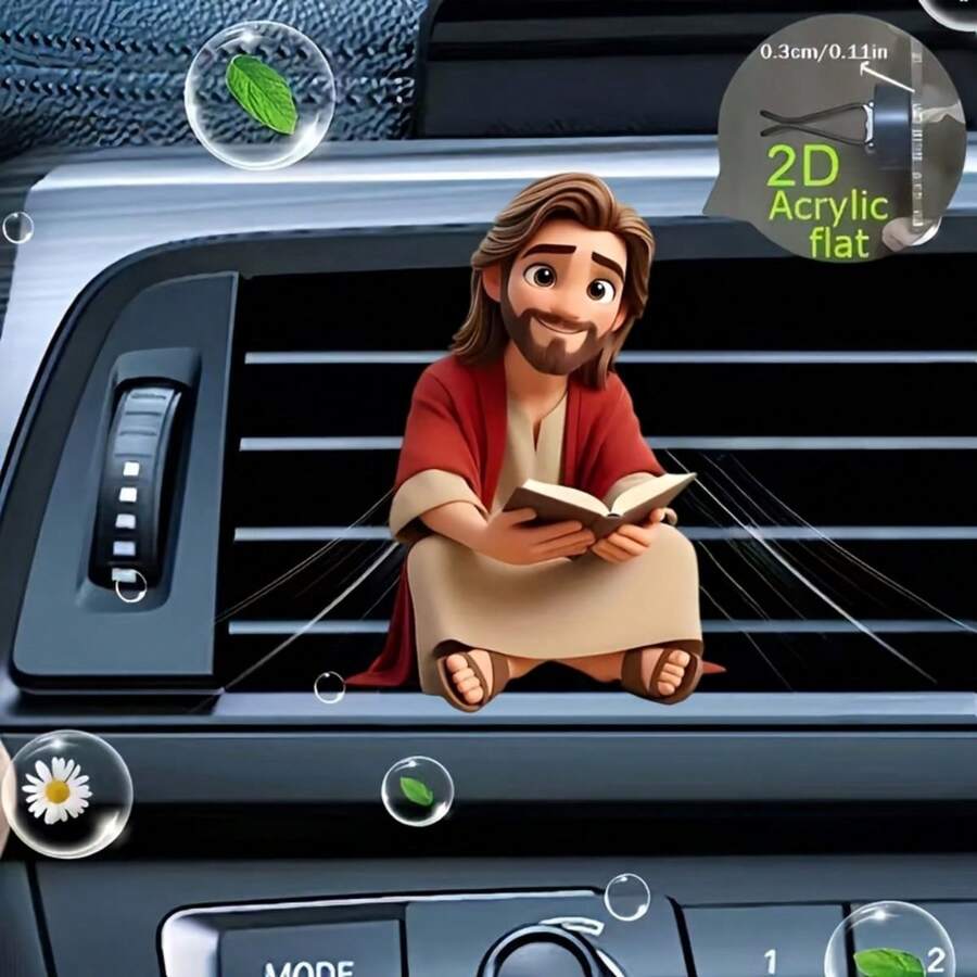 2D Flat Jesus Reading Book Car Air Vent Clip - Random Scent, Acrylic Cartoon Decor, Interior Accessory, Great Holiday Gift