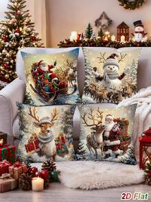 4Pcs Christmas White&Gold Pillow Covers,45*45cm Peach Skin Throw Pillowcase With Santa Claus,Snowman,Reindeer,Xmas Gifts Design,Cushion Cover,Merry Christmas Decorations,Christmas Decoration,Xmas Decor,Christmas Decor,Winter Home Decor,Living Room Bedroom Zipper Pillowcase (Pillow Insert Not Included) - Multicolor - View 7