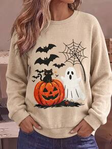 Fall Halloween Pumpkin Ghost Black Cat Graphic Sweatshirt, Crew Neck Loose Long Sleeve Casual Spider Web Bat Pattern Pullover Top - Multicolor - View 6