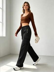 Women's Spring/Autumn Lightweight Cargo Pants, Featuring Drawstring Waist And Zipper Pockets Design. Simple Solid Color Style, Perfect For Outdoor Activities And Daily Wear. - Black - View 2