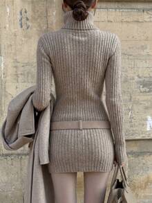 Fashion Women's Long Sleeve Ribbed Wool Knit Mini Dress, Slim Fit Turtleneck Sweater Dress, Suitable For Autumn Wear, Soft Elastic Warm Lining Style - Khaki - View 8
