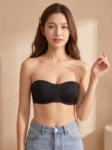 1pc Strapless Bandeau Bra, Minimalist Solid Color Women's Backless Wireless Lingerie - Black - View 4