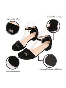 Women's Pearl Pendant Ankle Strap Chunky Heel Sandals, Open Toe Low Heel Dress Sandals - Black - View 8