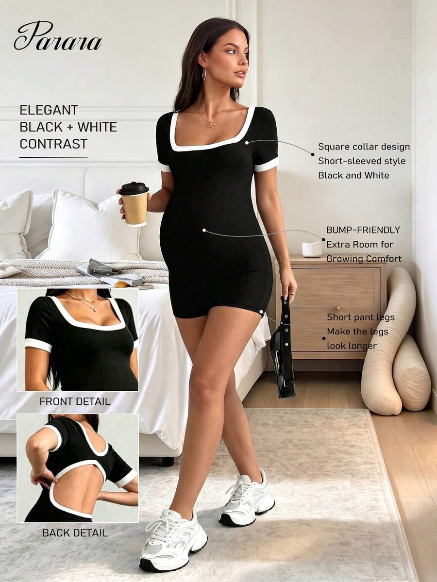 Parara Maternity Romper, Tight-Fitting Comfortable Short Sleeve Casual All-Season Fashion Underlayer, Sporty Leisure Style Black Summer - Black - View 1