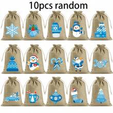 1/10/15/30pcs Linen Drawstring Bags With Blue & White Christmas Patterns - Reusable Suitable For Gift Wrapping, Storage, Fireplace Hanging Decorations, Party Favors, New Year Gifts - Multi- For, Events, Gift Wrap Storage - Multicolor - View 10