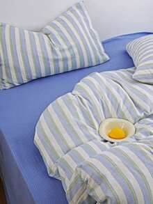 Fresh Blue & Green Vertical Striped 4-Piece Bedding Set, Puff Texture Synthetic Material, Japanese Style, Includes 1 Duvet Cover, 1 Bed Sheet, 2 Pillowcases, Duvet Insert And Pillow Insert Not Included - Teal - View 11