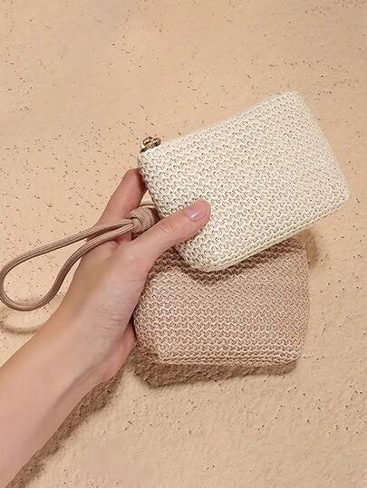 XD Gelang anyaman buatan tangan, penutup resleting, dompet koin kain polos, tempat kartu kunci, lapisan poliester, tali pergelangan tangan yang lucu, dapat dipadukan dengan tas anak perempuan.