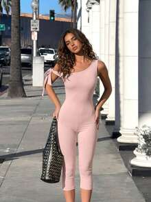 VIVINA Women's Spring/Summer Solid Color Asymmetric Tie-Up Slim Fit Jumpsuit, Versatile Casual Daily Wear - Baby Pink - View 3