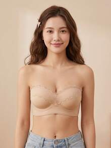Strapless Minimalist Lace Push-Up Bra, Solid Color Women's Backless Wireless Bra, Sweet Teen Style Lift Support Ultra Thick Cup Lingerie [For Flat Chest] - Apricot - View 2