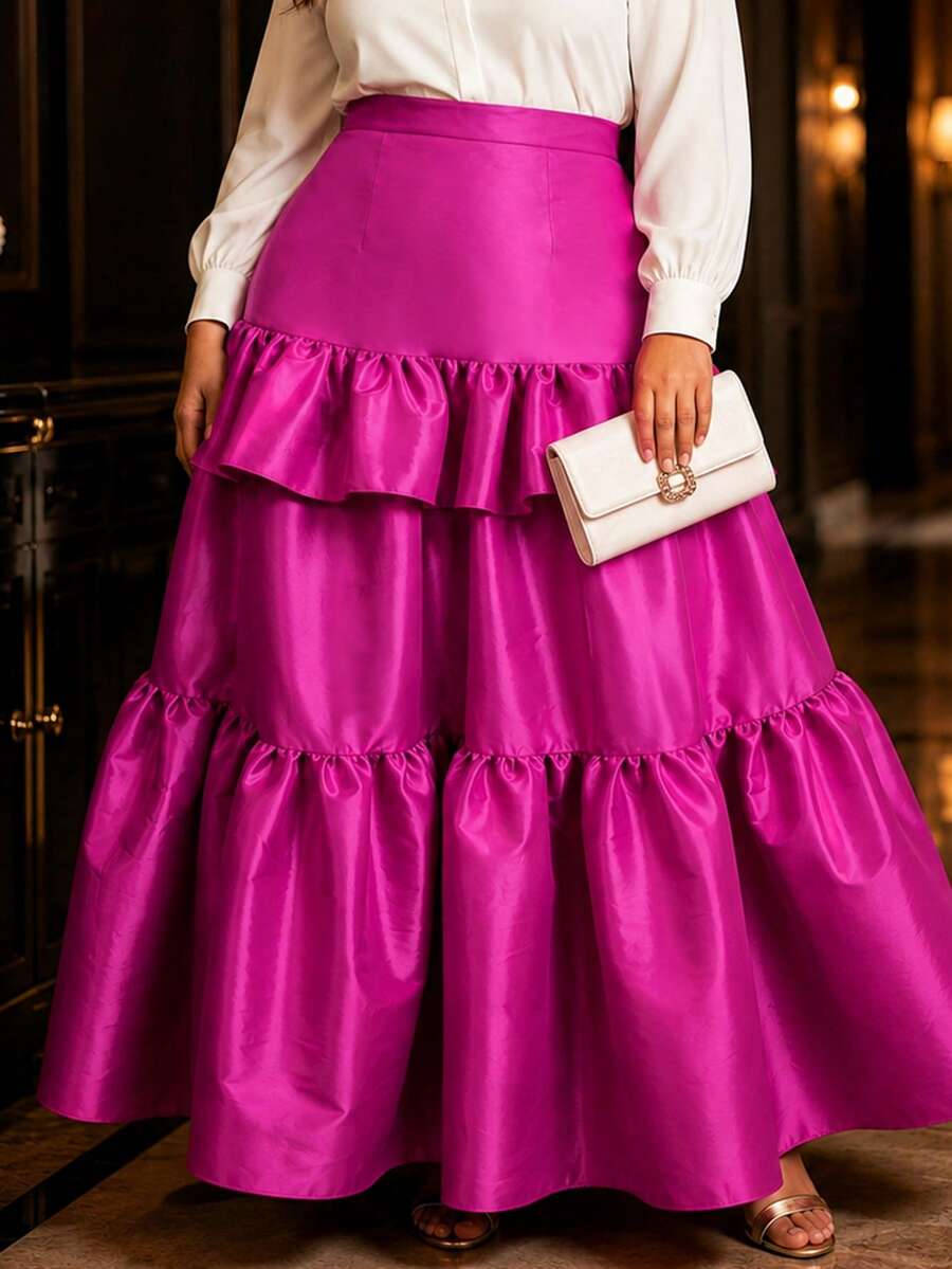 Women's Plus Size Fuchsia Satin A-Line Maxi Dress, Layered Ruffle High Waist Elegant Evening Party Wedding Guest Prom Dress - Hot Pink - View 1