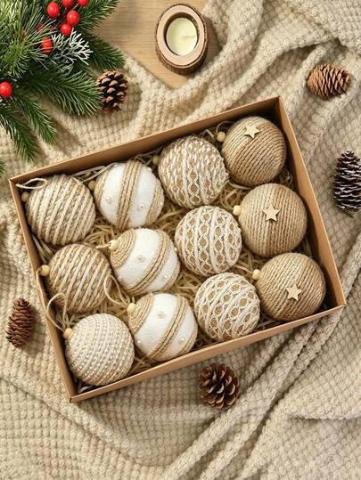 12pcs, 8cm Christmas Party Decoration Balls, Minimalist Hemp Rope Wrapped Christmas Ball Ornaments, Christmas Hanging Balls, Christmas Balls, Rope Decorative Balls, Christmas Hanging Balls, Christmas Decorations, Suitable For Christmas Tree Scene Arrangement Decoration, Home Decor, Living Room Decor, Indoor Decor, Room Decor, New Year Decor, Christmas Decorations, Outdoor Decor, Christmas Party Supplies, Christmas Theme Atmosphere Holiday Hanging Decorations, Christmas Ball Gift Box Set, Merry Christmas, Gifts For Friends And Family