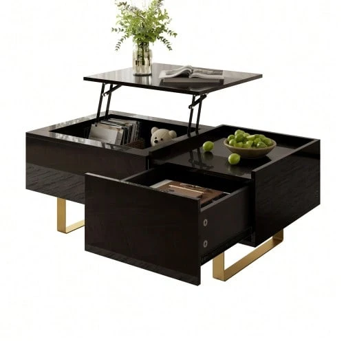 Height-Adjustable Coffee Table, MDF Coffee Table With Storage And High-Gloss Finish, Coffee Table With Drawer And Iron Legs, Modern Living Room Table - 黑色 - 查看 1