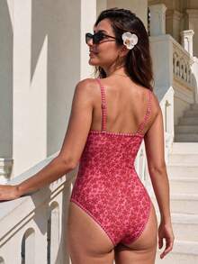 HOTTIE HABIT Women's Red Ditsy Floral Spaghetti Strap Square Neck High Cut One‑Piece Swimsuit, Slim Bathing Suit For Christmas Halloween Summer Beach Pool Vacation - Black - View 4