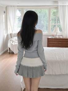 1pc Light Blue Thin Long Sleeve Inner Layer Sweater, Off-Shoulder Detail, Suitable For Daily Wear - Light Blue - View 5