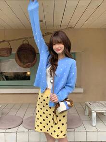 Sweet Lazy Vintage Style Versatile Casual Polka Dot Loose Slimming Knit Cardigan Jacket Top - Blue - View 2