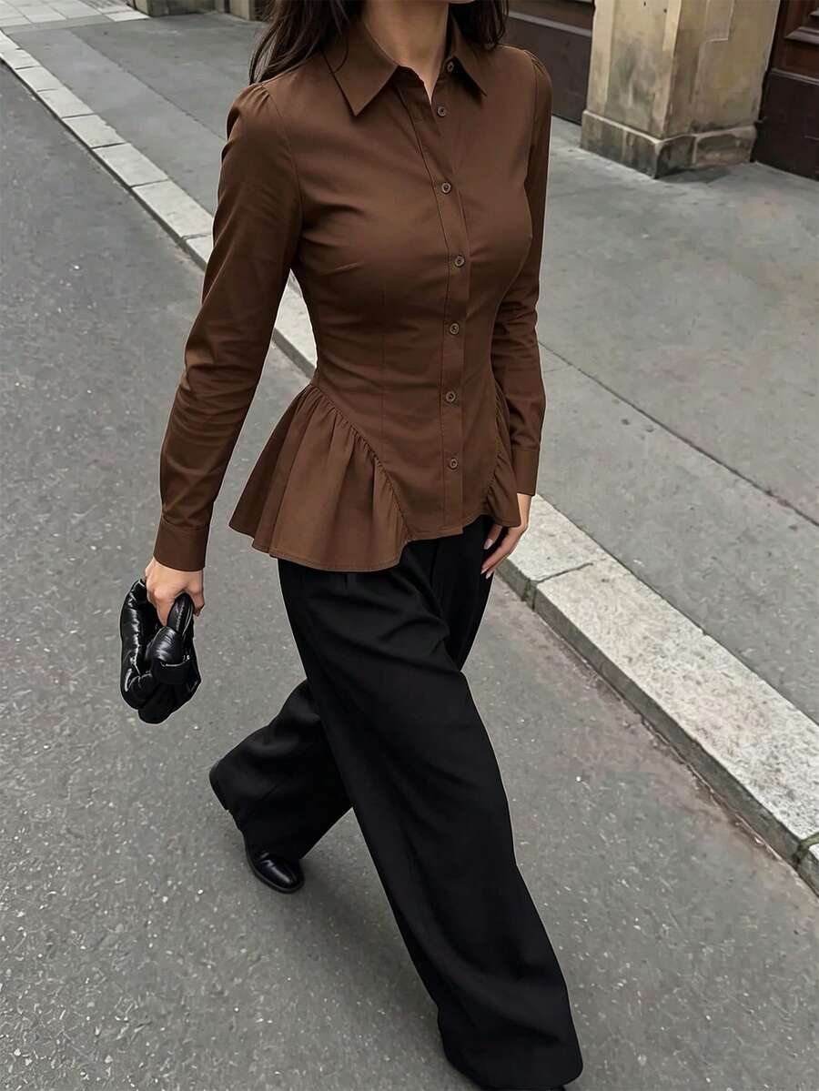 Blus Four Seasons Girls Seksi Warna Cokelat Kopi Slim Fit Lengan Panjang dengan Hiasan Rumbai di Bagian Bawah - Coffee Brown - View 1