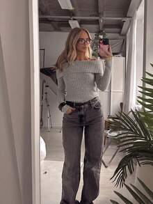 HoloChill Women's Young Influencer Casual Style Solid Color Open Shoulder Ribbed Knit Pullover Sweater, Summer Casual New Arrival, Women's Ribbed Knit Open Shoulder Long Sleeve Pullover Top, Regular Length Sweater, High Elastic Fabric, Suitable For Autumn Daily Wear, Women's Outing Outfit, Fall Sweater, Back To School, Homecoming, Fall/Winter - Grey - View 6