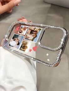 1 Shiny Diamond Transparent Heart-Shaped Pattern Phone Case, Customizable With Couple Photos And Names, Silver Plated Luxury Shiny Diamond Transparent Phone Case Compatible With IPhone 16e/17 Pro Max/15 Pro Max/14 Plus/13 Pro, Using Hard Acrylic Shock-Absorbing Protective Material With Anti-Collision Borders. Suitable As A Gift For Friends - Silver - View 7