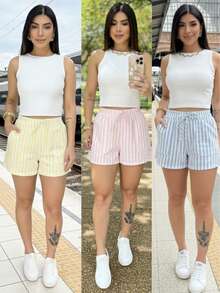 Striped Linen Shorts With Lined Pockets, Home, Beach, Night, Daily, Summer - 查看 6