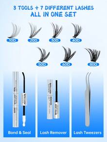 RITALASH RITA 2560/640pcs Single Cluster False Eyelash Extension Set 10D+20D+30D+40D+50D+60D+80D Dense Lash Clusters With Lash Glue, Sealer And Tweezers 10-16mm 7-Style Mixed Lash Cluster Set - Black - View 2