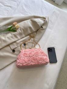 Dedoo 3D Rose Oval Hard Frame Clutch, Rhinestone Kiss Lock, Detachable Chain, Sweet Romantic Women's Handbag, Suitable For Bride Formal Occasions (Random Pattern) - Pink - View 6