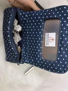 Navy Blue Polka Dot Zipper Storage Bag With Transparent Window, Portable Travel Makeup Bag, Cute Small Organizer Pouch, Suitable For Women And Girls - Navy Blue - View 8