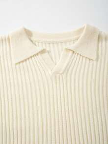 Men's Unisex POLO Collar Knit Sweater Casual Daily Commute Minimalist Solid Color Vertical Striped Ribbed Vintage Versatile Business Basic Loose Short Sleeve POLO Collar Pullover Knit Sweater Short Sleeve Top Spring Summer - Beige - View 5