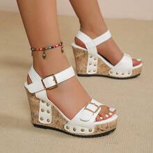 Women's Platform Wedge Sandals, Open Toe Double Buckle Sandals With Rivets, Cork Bottom Casual Summer Chunky Heel Shoes - White - View 6