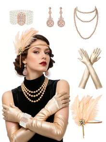 1920s Great Gatsby Accessories Set For Women Flapper Costume Accessories Feather Headband Roaring 20s Accessories Set - Pink - View 3