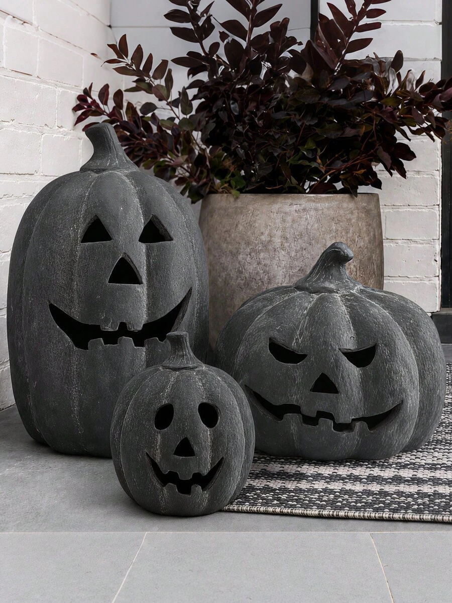 Halloween Decor - Black Handcrafted Clay Pumpkin Lantern | Autumn Decoration, Table Centerpiece, Indoor/Outdoor Decor, Suitable For Porch, Yard, Front Door, Mantel - Multicolor - View 1