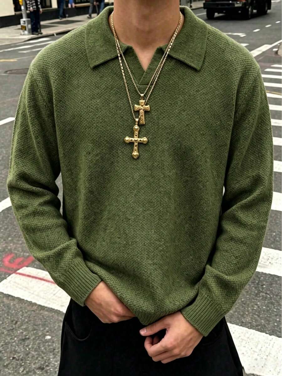ANDREILEE 男士秋冬歐美休閒寬鬆通勤極簡純色百搭 Polo 領輕量長袖針織套頭上衣 - 墨綠色 - 查看 1