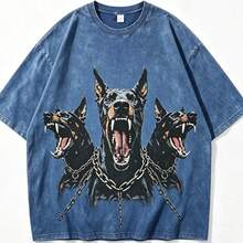 2026 New Arrival Summer Unisex Cerberus Doberman Graphic T-Shirt,Sleeve Tee, Gothic Three-Headed Dog Print Oversized Top For Streetwear - 藍色 - 查看 8