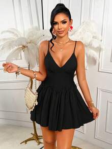 AIJ Black V-Neck Spaghetti Strap Mini Dress, Ruched Ruffle High Waist A-Line Bodycon Dress, Women's Party Back To School Casual Outing Elegant Style - Black - View 5