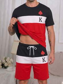 Men's K Letter Contrast Color Pajama Set, Summer Short Sleeve T-Shirt + Loose Casual Shorts Homewear - Multicolor - View 1