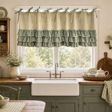 1Pc,Oven Skirt Curtain With Crochet Lace Tie Top Short Curtains,American Style Countryside Retro Solid Color Linen Fabric Patchwork Green Checkered Cake Skirt Bottom Trim Farmhouse Kick Plate Decor For Kitchen Stove Front, Dishwasher, Window Valance - Green - View 5