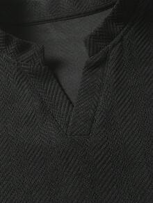 Blueprint Man 1pc Men's Black Herringbone Henley Collar Short Sleeve T-Shirt, Stand Collar V-Neck Placket, Breathable Skin-Friendly Wrinkle-Resistant Draping Textured Knit Fabric, Mature Old Money Style Casual Top, Spring Summer Commute, Light Business, Date Outfit - Black - View 5