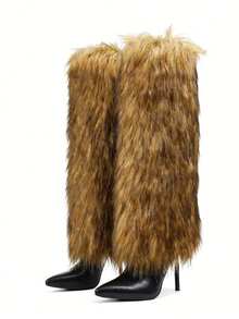Furry Fluffy Knee High Boots For Women Faux Fur Winter Snow Boots Pointed Toe Stiletto High Heels Sexy Warm Shoes Christmas Party - 棕色 - 查看 2