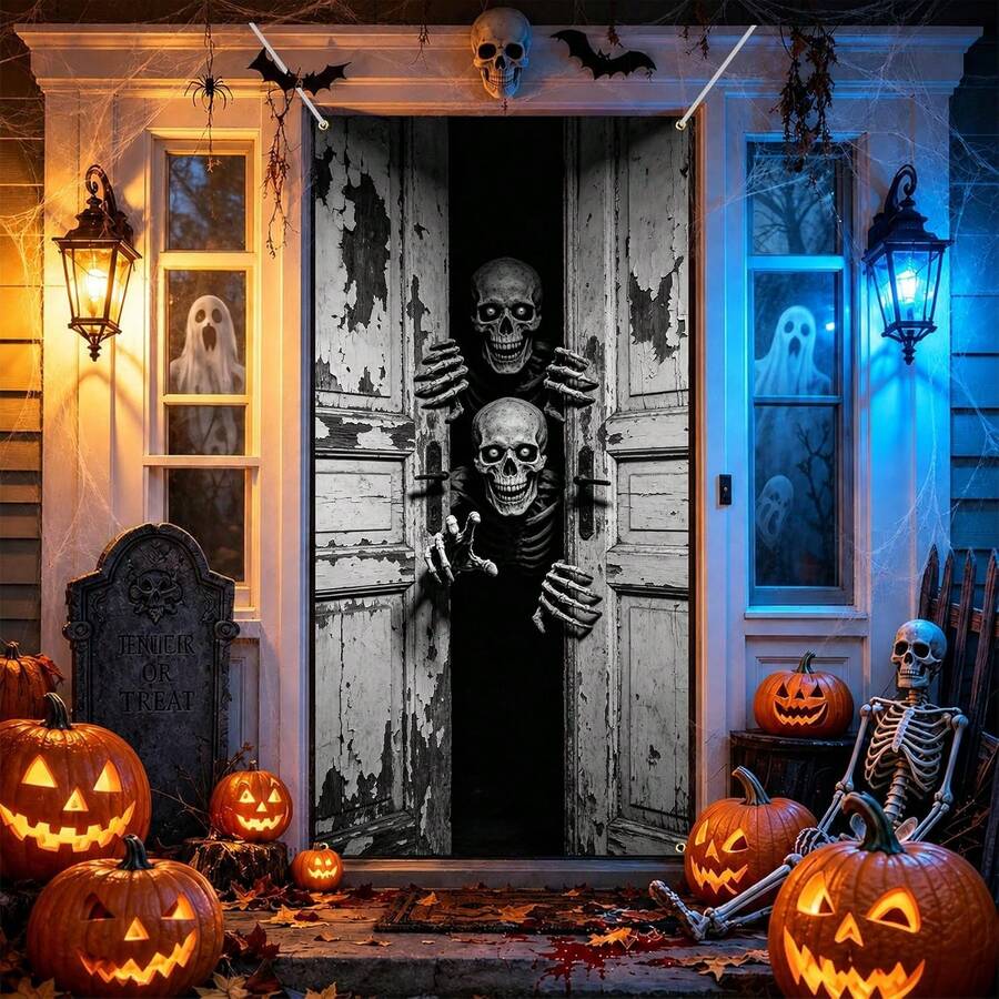 1 pieza Pancarta de puerta de Halloween oscura, calabaza multicolor, esqueleto, bruja, calavera, pared agrietada de terror, tela para cubrir la puerta, decoración espeluznante para el porche delantero y la puerta principal del hogar, decoración para fiesta de Halloween, casa embrujada, entrada del jardín, fondo de cabina de fotos, Navidad, Halloween