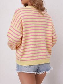 BuyK [Tops]Pink Striped Knit Cardigan, V-Neckline Accentuates Neck, Classic Candy Stripes Blend Sweet And Cool With French Romanticism, Great Value. Fall - Pink - View 5